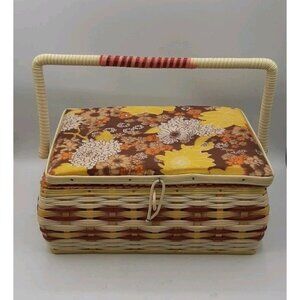 Vintage Sewing Basket Plastic Woven Fabric Top Wooden Base Shelf Handle Extras